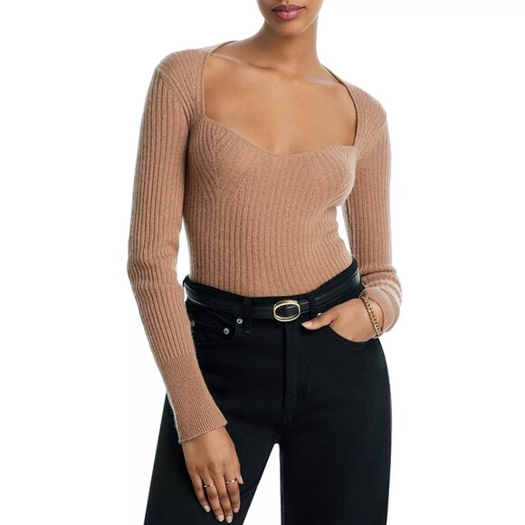 New Aqua 100% Cashmere Ribbed Sweetheart Sweater Latte Brown Small $178 - Picture 1 of 5